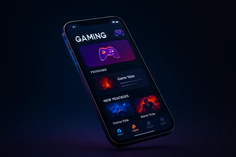 Sleek modern smartphone floating with premium gaming app UI and glowing screen