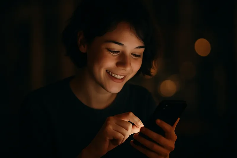 Young person smiling while tapping phone in warm light with moody background