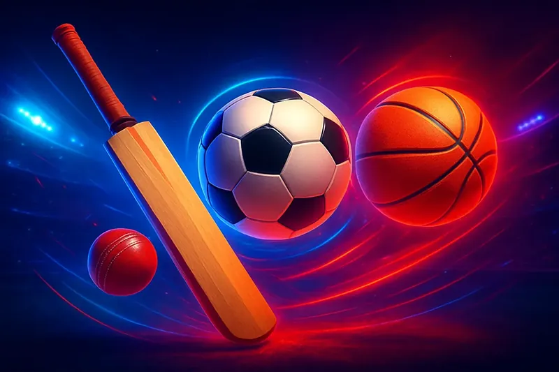 Cricket bat, football, and basketball with neon lighting on dark stadium background