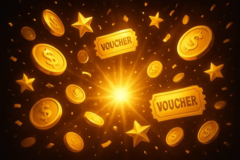 Explosion of golden coins, vouchers, and stars with confetti on dark background
