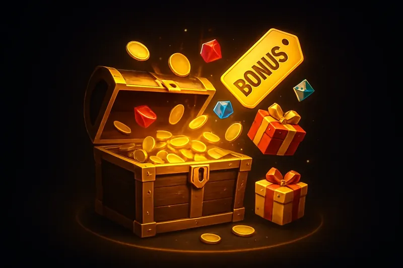 Golden treasure chest bursting with coins, gems, gifts, and glowing bonus tags on dark background