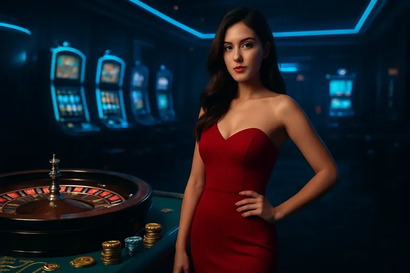 Beautiful woman in red dress posing confidently near roulette and slot machines with neon accents and luxury casino atmosphere