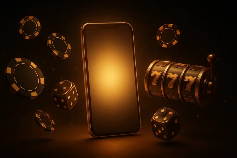Glowing smartphone with casino chips, slot reels, and dice on dark gold background