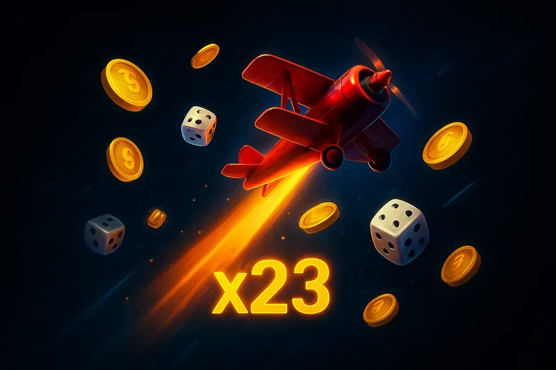 Red airplane soaring with multiplier trail, golden coins, dice, neon accents, digital instant game