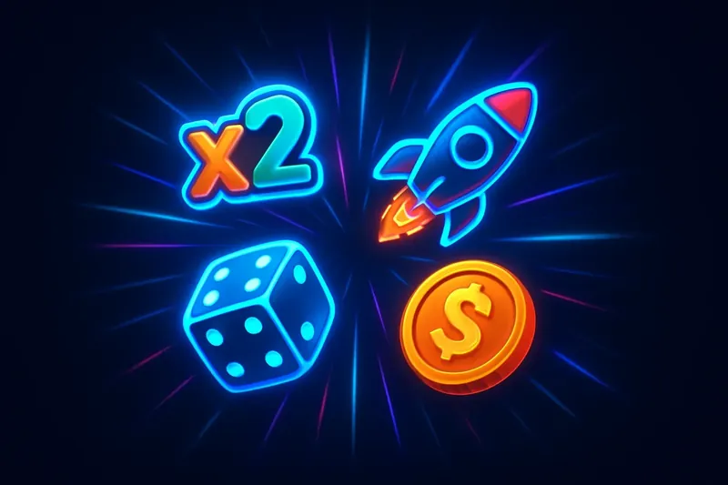 Colorful instant game icons with multiplier symbols, rocket, dice, and coins exploding in neon light on dark background