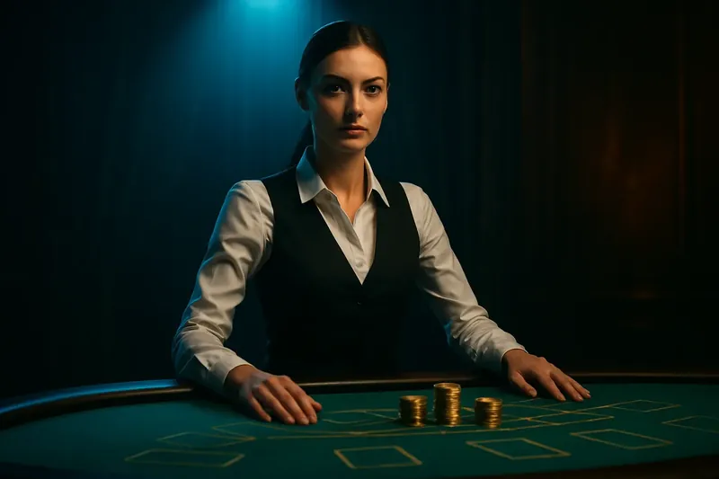 Professional female dealer at green felt casino table with golden chips under dramatic spotlight