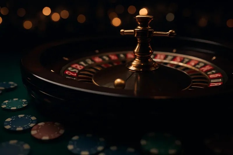 Close-up of roulette wheel spinning with golden ball, green felt, and casino chips