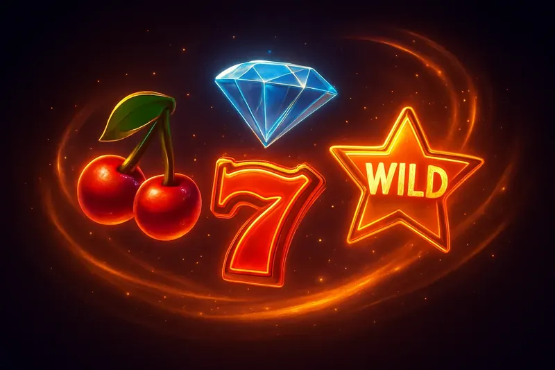 Cherries, diamonds, lucky sevens, and wild stars floating in neon swirl