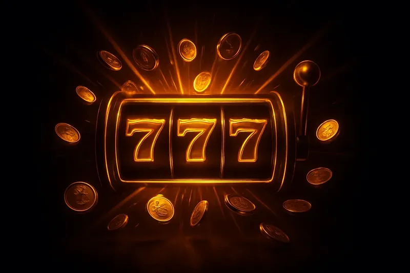 Slot machine reels with golden 777 symbols, coins and neon lights exploding in a jackpot win
